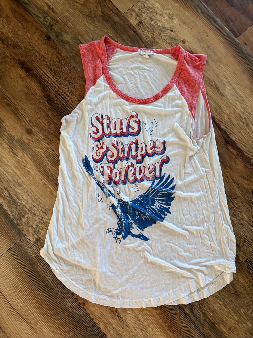 Eyeshadow White Tank with Red Trim and Blue Eagle Graphic
